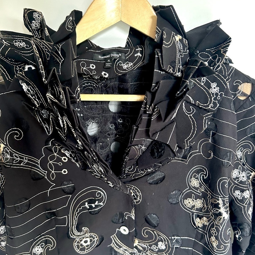 Samuel Dong  Ruffled neck Button Jacket Artsy Textured Blouse - Picture 6 of 11
